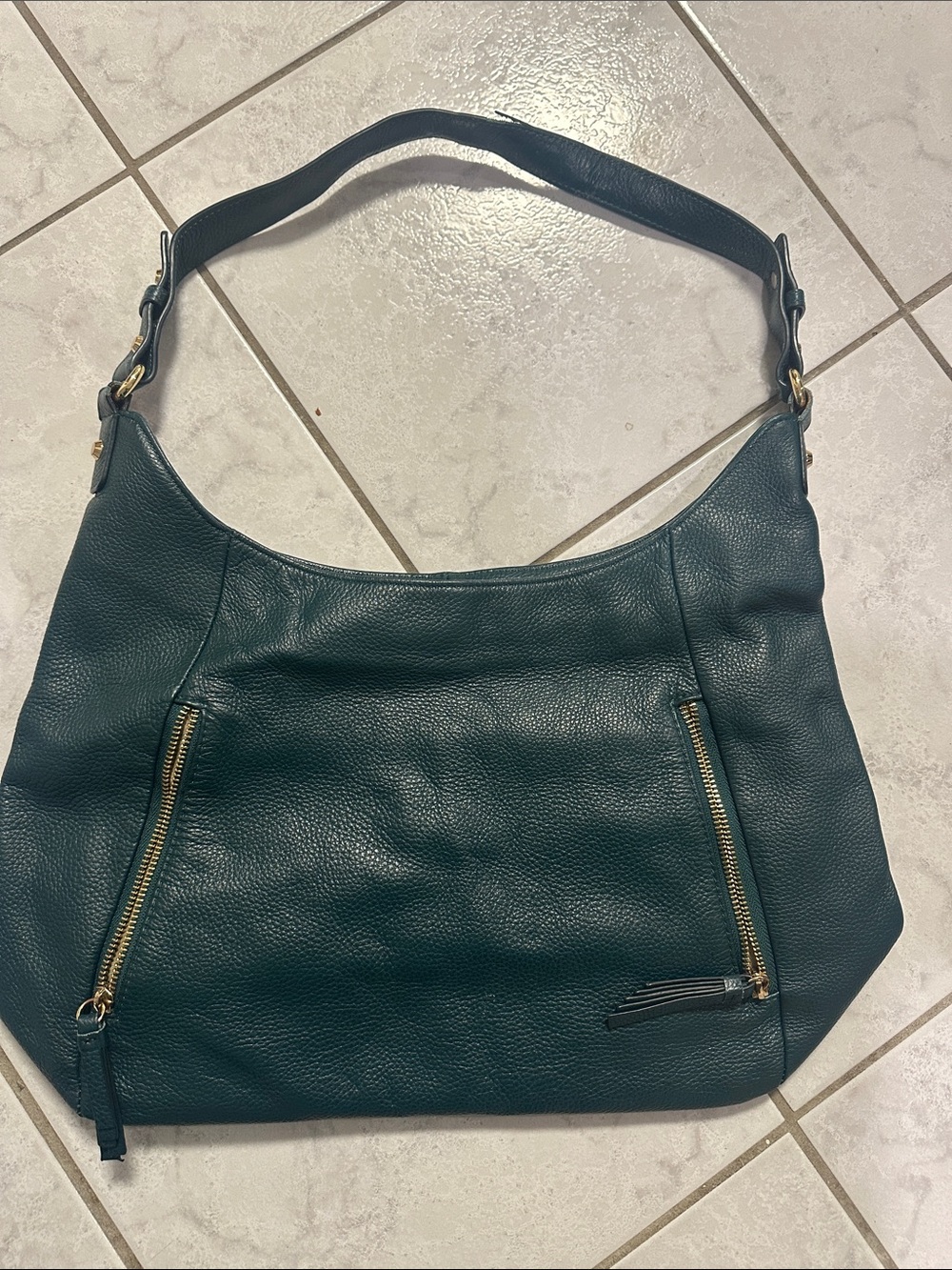 Ora Delphine Dark Teal Leather Shoulder Hobo with Gold Hardware